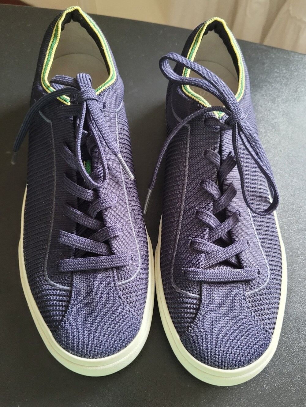 Rothy's Womens Knit Lace-Up Sneakers - Navy with Yellow-Green Trim Sz 9